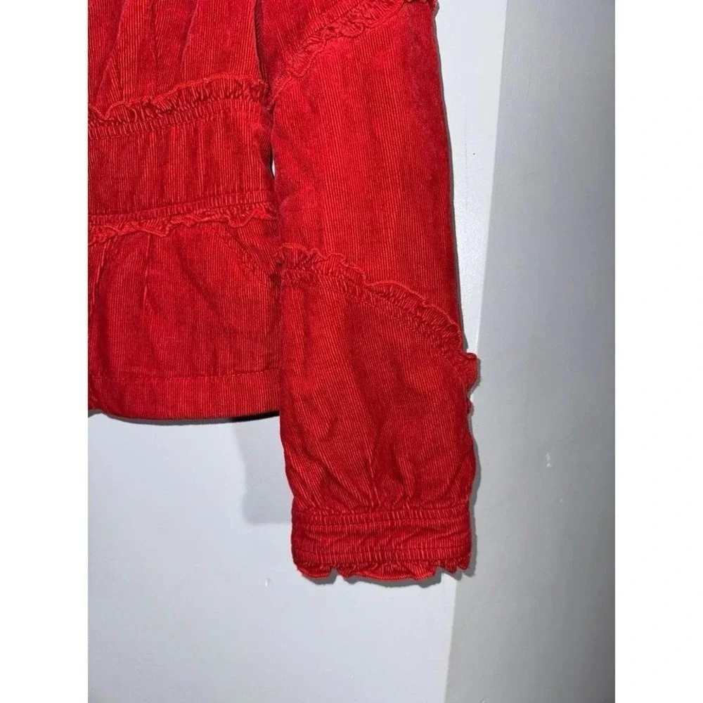 Elevenses by Anthropologie red corduroy‎ large button front ruffle jacket size 4